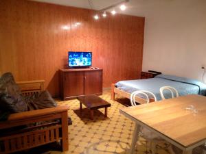 a bedroom with a bed and a tv on a wooden wall at Alojamiento Aloja N1 in Mendoza
