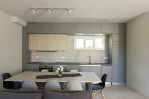 a kitchen with a table and chairs in a room at Amera - Troumpas Family Apartments in Leonidio