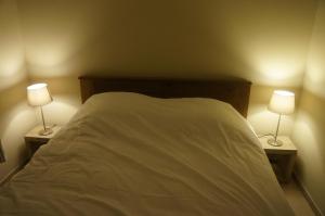 een slaapkamer met een bed met twee lampen erop bij Holiday home La ferme brabant in Voeren
