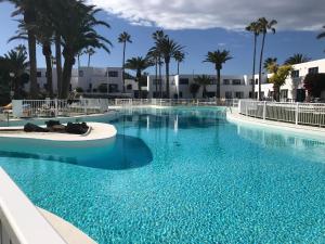 uma grande piscina com água azul e palmeiras em Los Barqueros 34 by Best Holidays Fuerteventura em Corralejo