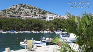 a group of boats docked in a harbor with a mountain at Apartman Bilandžić Drage in Drage
