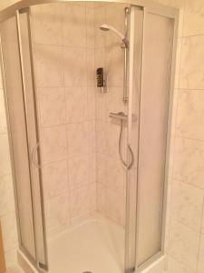 La salle de bains est pourvue d'une douche avec une porte en verre. dans l'établissement Hotel Restaurant Parthenon, à Otterbach
