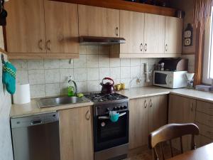 a kitchen with wooden cabinets and a stove and a sink at Apartament Tequila in Gdynia