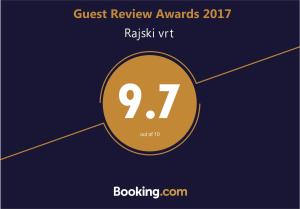 Certifikat, nagrada, znak ali drug dokument, ki je prikazan v nastanitvi Rajski vrt