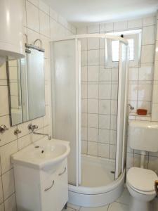 a bathroom with a sink and a shower and a toilet at Apartment Marina in Marina