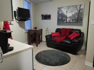 a living room with a black leather couch and red pillows at 1-Bedroom Cozy Suite #26 by Amazing Property Rentals in Gatineau