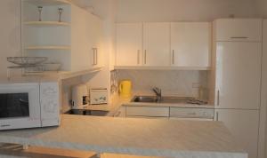 a kitchen with white cabinets and a white microwave at BodenSEE Apartment 1 - 4 Meersburg Daisendorf in Daisendorf