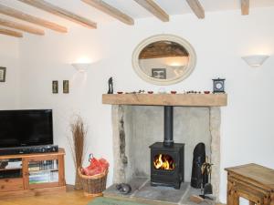 a living room with a fireplace and a tv at Cartmel Cottage in Leyburn