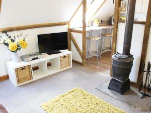 a living room with a tv and a stove at The Hayloft in West Bradenham
