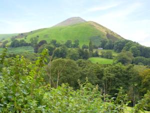 a green hill with a green field and trees at The Byre in Bishops Castle