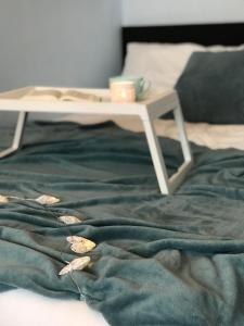 ヴェスプレームにあるHorizon Apartmanのベッドの上に座るテーブル(毛布付)