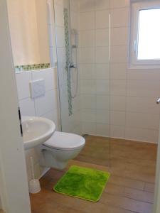 La salle de bains est pourvue de toilettes, d'un lavabo et d'une douche. dans l'établissement Gemütliches Apartment nahe Porsche, à Weissach