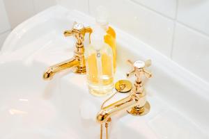 a bathroom sink with gold faucets and a bottle of soap at The Lagg in Lagg