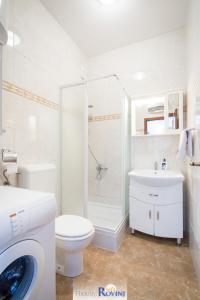 e bagno con doccia, servizi igienici e lavandino. di Zora City a Rovigno (Rovinj)