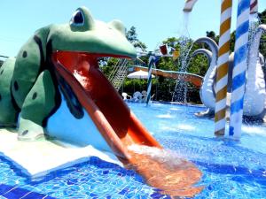 un dauphin sur un toboggan dans un parc aquatique dans l'établissement Hotel Bosques do Massaguaçu, à Caraguatatuba