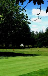 un parcours de golf avec un drapeau blanc dans l'herbe dans l'établissement Chateau de Bournet, à Grospierres