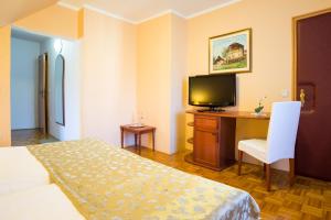 a hotel room with a bed and a desk with a television at Penzion Mayer in Bled