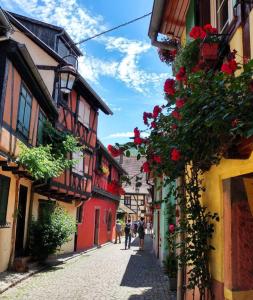 a street with flowers on the side of buildings at KAYSERSBERG city center - House "AUX 7 FORGERONS" - in Kaysersberg