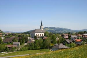 a small village with a church and a hill at Naturparadies Silvia in Alberschwende
