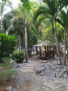シーチャン島にあるチャーリーズ バンガローズのヤシの木とベンチと家のある公園