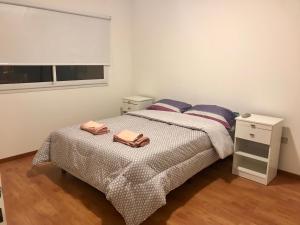 Un dormitorio con una cama con dos billeteras marrones. en Apartamento en tigre en Tigre