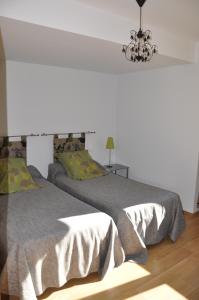 a bedroom with two beds and a chandelier at la grange aux hirondelles in Athienville