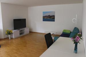 uma sala de estar com uma mesa e uma televisão em A Casa Fina- a modern room close to Basel em Therwil