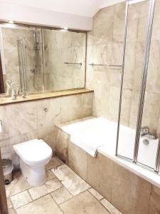 a bathroom with a tub and a toilet and a shower at King's Head Inn in Llangennith