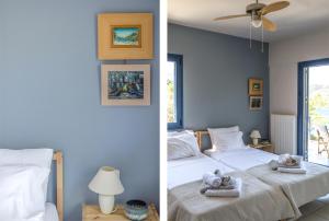 a bedroom with two beds and a ceiling fan at Villa Coin de Paradis in Sivota
