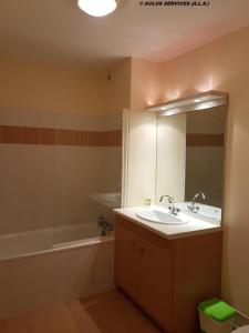 La salle de bains est pourvue d'un lavabo, d'une baignoire et d'un miroir. dans l'établissement Résidence Grand Hôtel, à Aulus-les-Bains