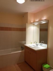 a bathroom with a sink and a tub and a mirror at Résidence Grand Hôtel in Aulus-les-Bains