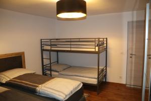 特林斯的住宿－Ferienwohnung Bergler，一间卧室配有两张双层床。