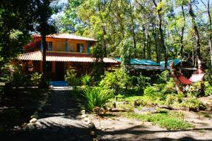 ein Haus im Wald mit einer Hängematte davor in der Unterkunft Cebaco Sunrise Lodge in Isla Cebaco 