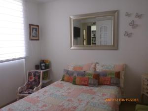 a bedroom with a bed and a mirror at Apartamento en colores y o cabaña hermosa in Medellín