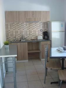 una cucina con tavolo e frigorifero di Smaragdi Studios and Rooms ad Agios Kirykos