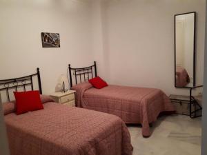 ヘレス・デ・ラ・フロンテーラにあるCalle Armas,9のベッドルーム1室(赤い枕と鏡付きのベッド2台付)