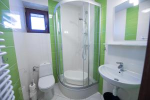a green and white bathroom with a toilet and a sink at Willa Północna in Karwia +42 photos