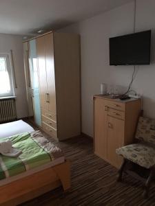 een slaapkamer met een bed, een kast en een tv bij Frankenstube in Eichelsdorf