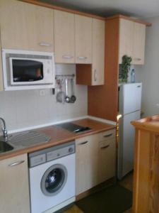a kitchen with a washing machine and a microwave at Apartamento MODESTO en las montañas del pirineo aragonés en Alquiler Altruista ECONÓMICO in Villanúa +27 photos