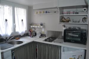 eine kleine Küche mit einer Spüle und einer Mikrowelle in der Unterkunft Au Pas Du Chateau in Jonzac