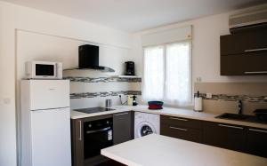 a kitchen with a white refrigerator and a stove at Nolitha in Manapany-les Bains