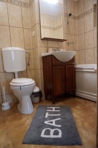 a bathroom with a toilet and a sink and a rug at Seafront Faleza Nord in Constanţa