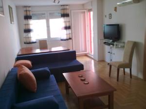 - un salon avec un canapé bleu et une table dans l'établissement Arena Jaruščica Apartment, à Zagreb