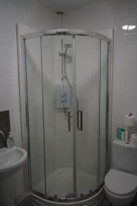 a shower in a bathroom with a toilet and a sink at Lincoln Self Catering in Lincoln
