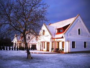 a white house with a tree in the snow at Hétkanyar Vendégház in Nagyvázsony