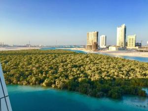 une île dans une rivière avec une ville en arrière-plan dans l'établissement Residential Private Apartment with Fabulous Sea & Mangrove View - Al Reem Island - 1106, à Abu Dhabi