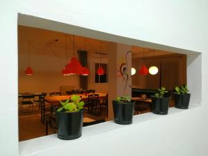 vista su una sala da pranzo con piante in vaso su una mensola di Dimora Hostel a Agrigento