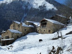 a horse standing in the snow in front of a building at La Buneta in Macra