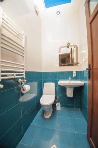 een blauwe en witte badkamer met een toilet en een wastafel bij Lilika Apartments on Meskhishvili in Tbilisi City +39 foto's