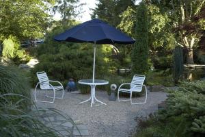 a table and two chairs and an umbrella in a garden at Pleasant Bay Village Resort in Chatham